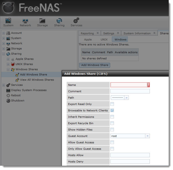 How to Install and configure FreeNAS 8 - add windows share