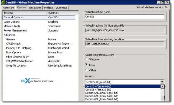 CentOS Virtual Machine Properties - Select the appropriate Linux Distribution