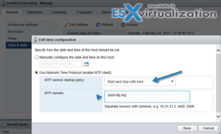 Configure NTP on ESXi host via host client