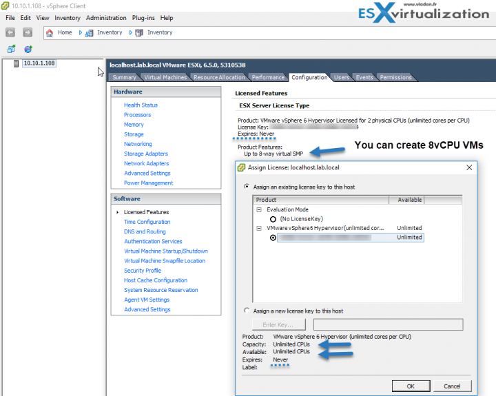 VMware ESXi Free License with available features