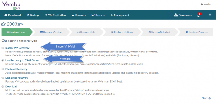 Restore VMware vSphere with Vembu BDR - Choose the hypervisor