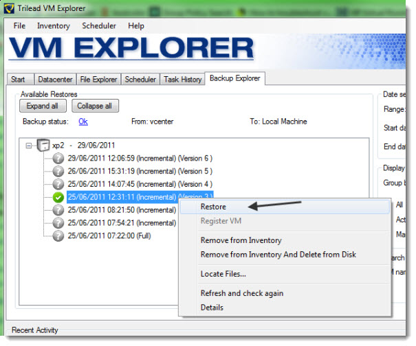 Restore Operation in Trilead VM Explorer