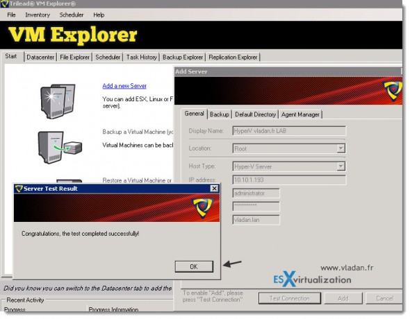 Trilead VM Explorer 4.0 - VMware vSphere and Microsoft Hyper-V backups - validating the connection
