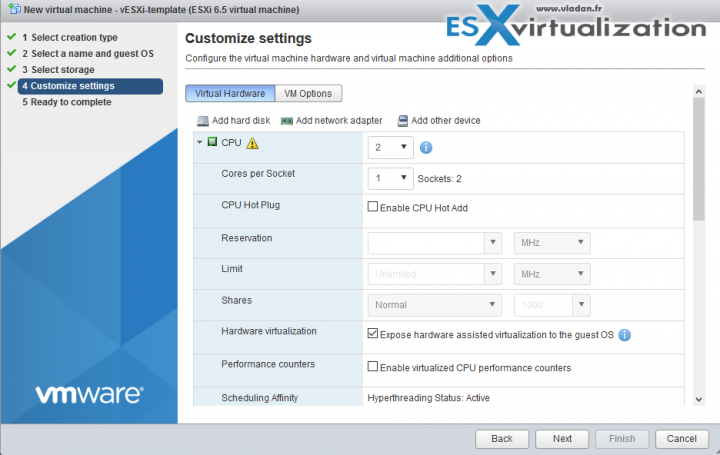 VM settings for VMware ESXi 6.5 nested template