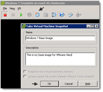 VMware View Agent - Taking snapshot of Golden Image VM