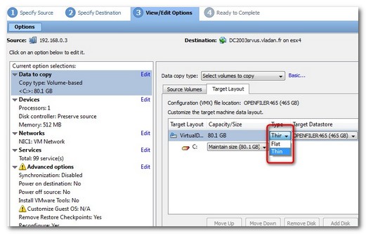 VMware Converter 4.1 and Thin Provisionning