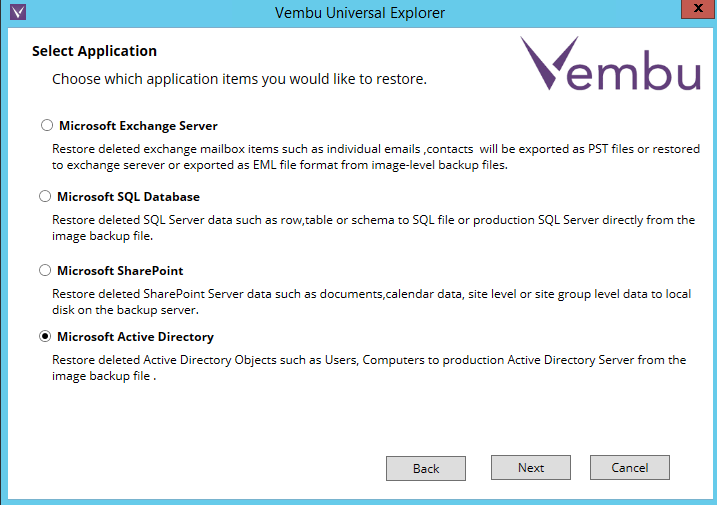 Vembu Universal Explorer - Recovery of Microsoft AD object