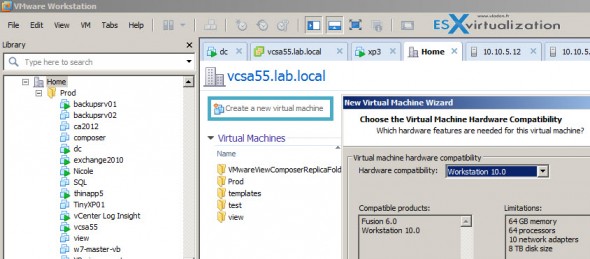 VMware Workstation 10 allows creating New VMs on ESXi 5.5 with latest virtual hardware 10 functionality