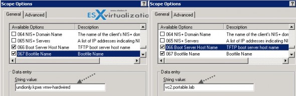 DHCP server scope options for VMware vSphere AutoDeploy