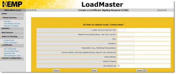 Certificate Signing Request Form - LoadMaster VLM by KEMP Technologies