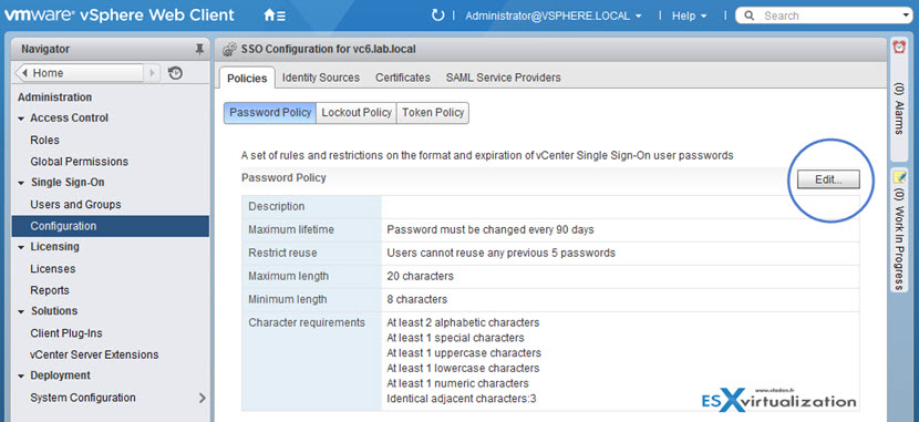 VMware vCenter 6.0 SSO Default Password Policy