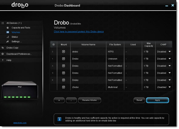 Creating Volumes for multi host environment on the Drobo Dashboard