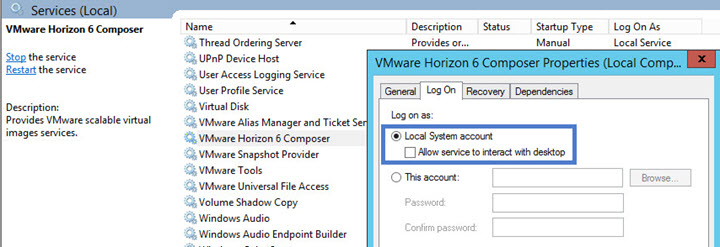 VMware Horizon Composer Local System account