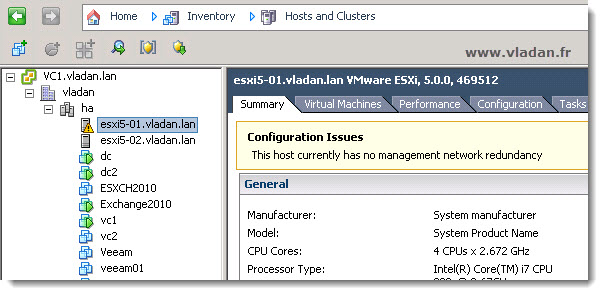 VMware vSphere- no mangement network redundancy notification message - how to turn it off