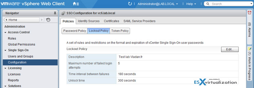 VMware vCenter 6.0 SSO configuration Password lockout policy