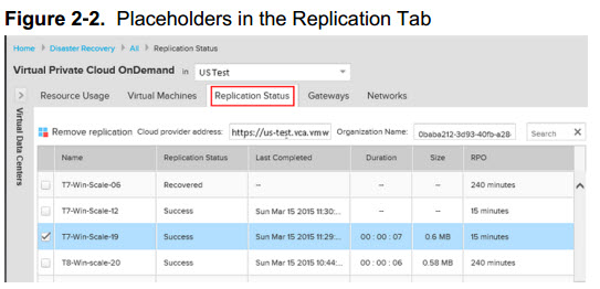 vCloud Air replication tab shows information about stakeholder