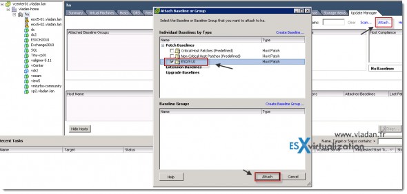 How to Update VMware vSphere 5 to vSphere 5 Update 1 - Select host or cluster and attach baseline in vSphere Update Manager