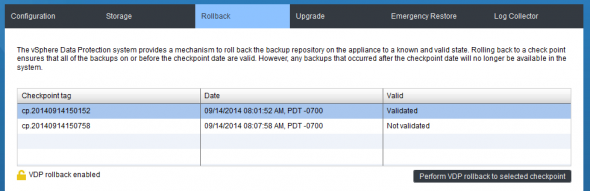 VMware VDP rollback enabled