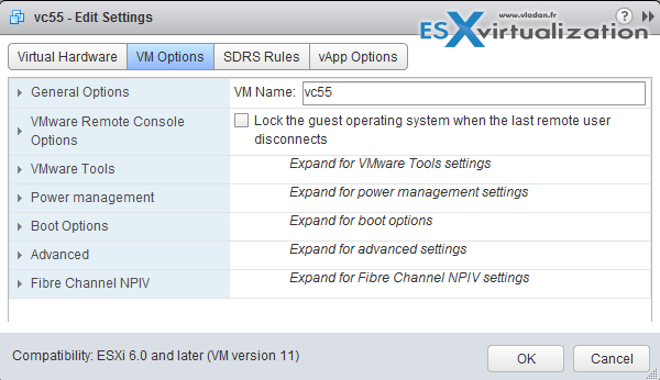 VMs options through vSphere Web client