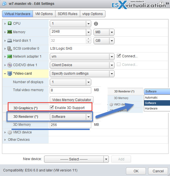 Virtual Hardware 11 - 3D settings through vSphere Web client