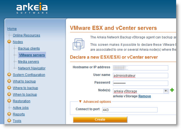 Arkeia backup appliance Gui adding VMWARE server