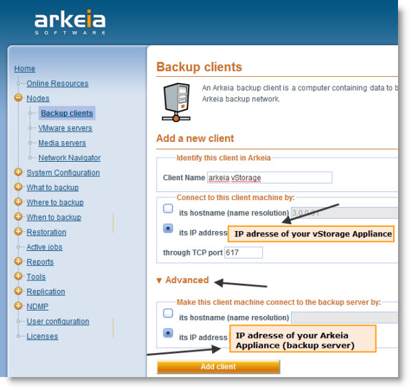 Arkeia backup appliance - adding backup client