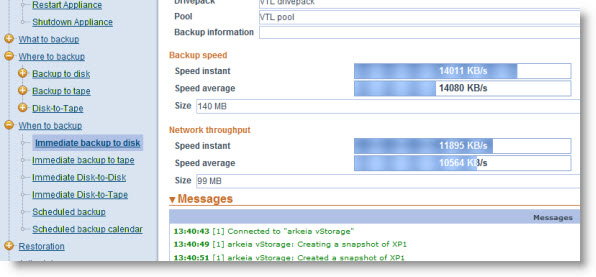 Arkeia backup progress window