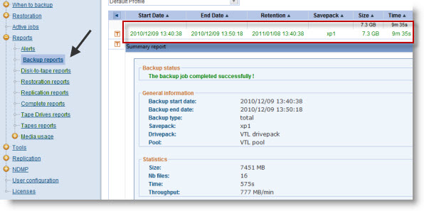 Arkeia backup report