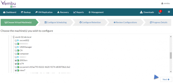Backup VMware vSphere with Vembu BDR - VM selection