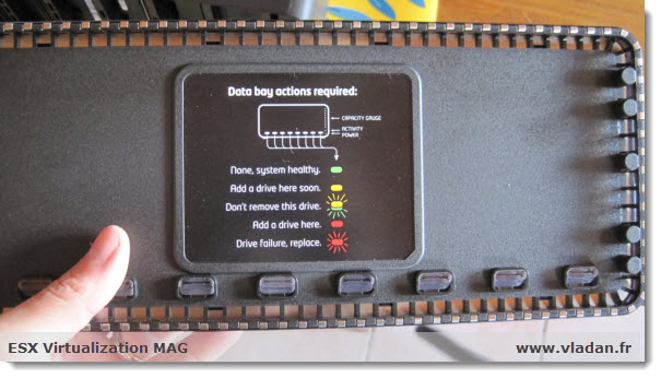 Drobo Elite - back of the front panel where you can see what the different colors means