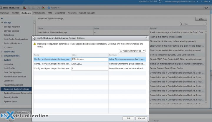 ESX Admins group can be changed ESXi security settings