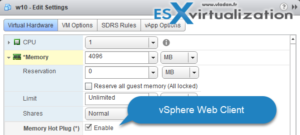 vSphere Web Client - Enable memory hot plug