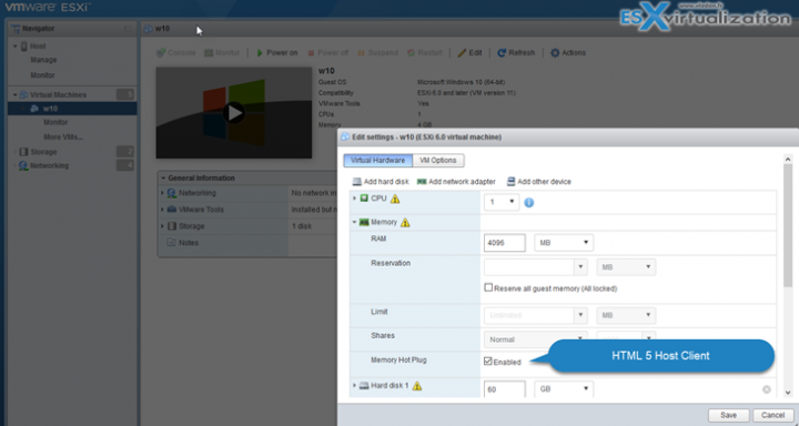 VMware Hot-Add RAM - HTML 5 host client