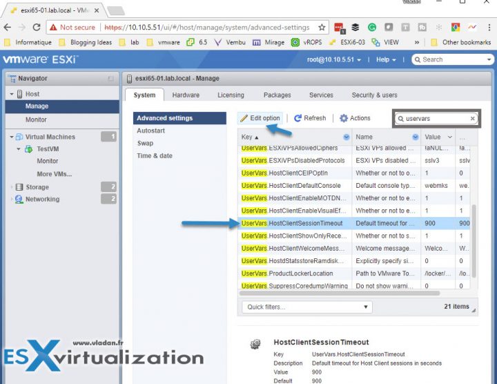 Increase inactivity timeout vmware esxi host client