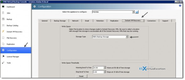 PHD Virtual Backup 6.0 - configuration of temporary storage location for Instant VM recovery