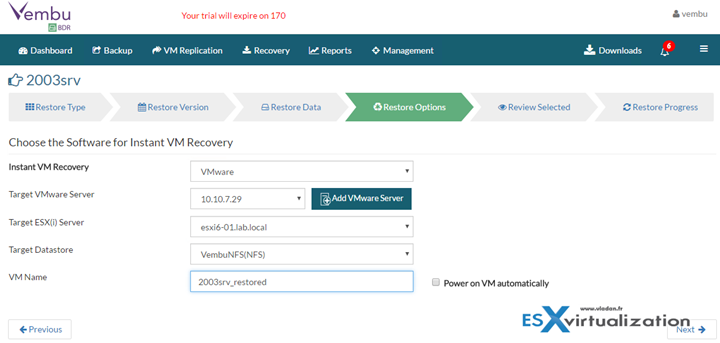 Vembu Instant VM Recovery