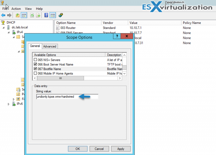 Option 067 TFTP Server for AutoDeploy vSphere 6.5 here