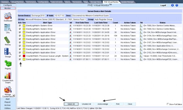 Phd Virtual Monitor dashboard acknowledge