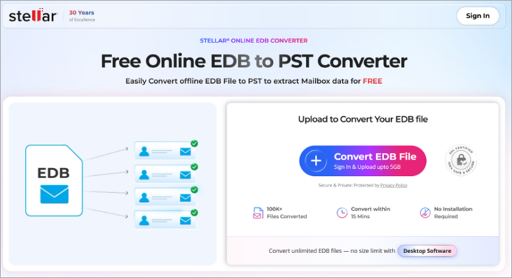 Learn how the free online EDB to PST converter by Stellar extracts Exchange mailboxes from EDB files without requiring a live Exchange server or Outlook.