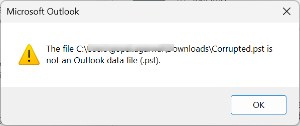 Typical error message for corrupted PST file