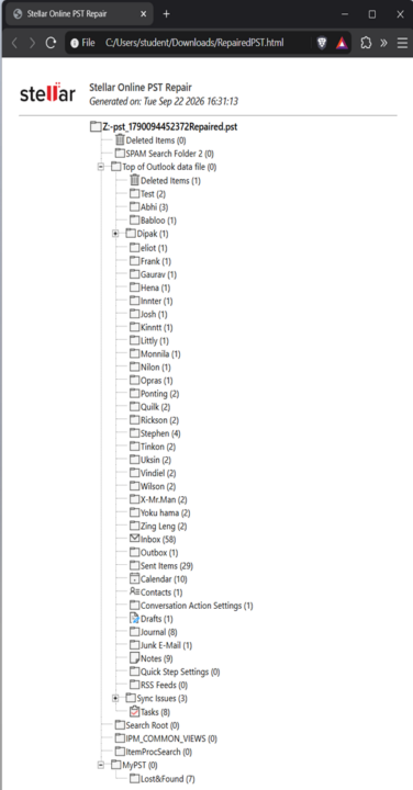 preview of the PST file email structure