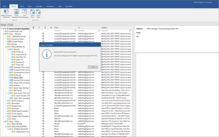 Example of repair of corrupted PST file from the lab