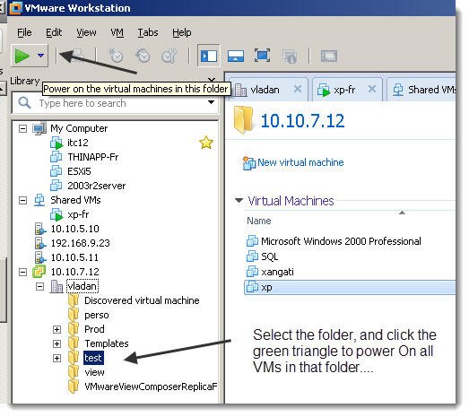 VMware Workstation 8 - Power On - select folder and click the Power On button 