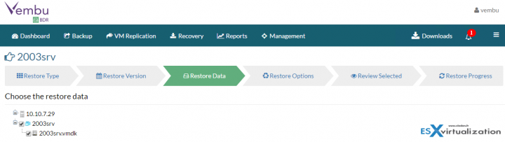 Restore VMware vSphere with Vembu BDR - Chose the restore data