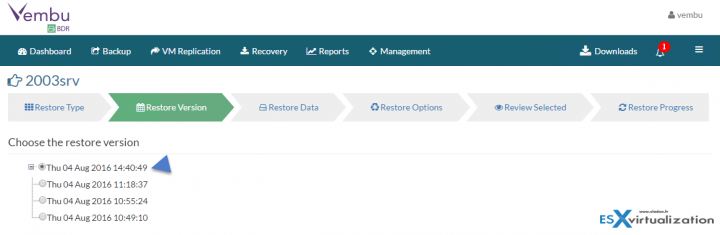 Restore VMware vSphere with Vembu BDR - pick a restore point