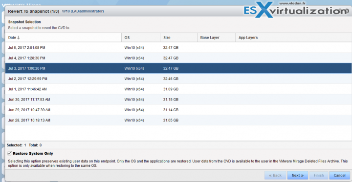 VMware Mirage Revert to snapshot