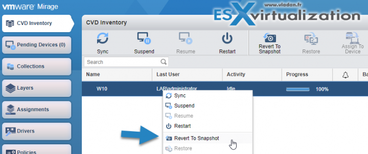 VMware Mirage Revert to snapshot