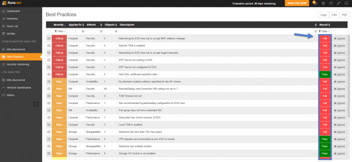 Runecast Analyzer - Best Practices Menu