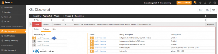 Runecast Analyzer Kb discovered - Findings