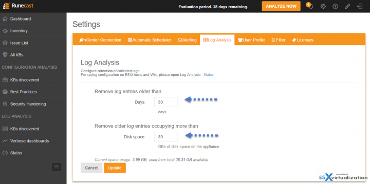 Runecast Analyzer - log size settings